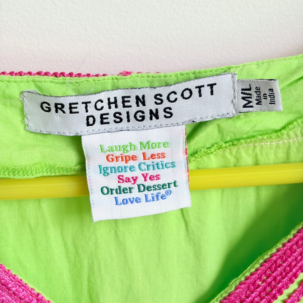 Gretchen Scott Maxi Dress M/L Boho Cottage Lime Green Pink Embroidered Cotton - Picture 9 of 10